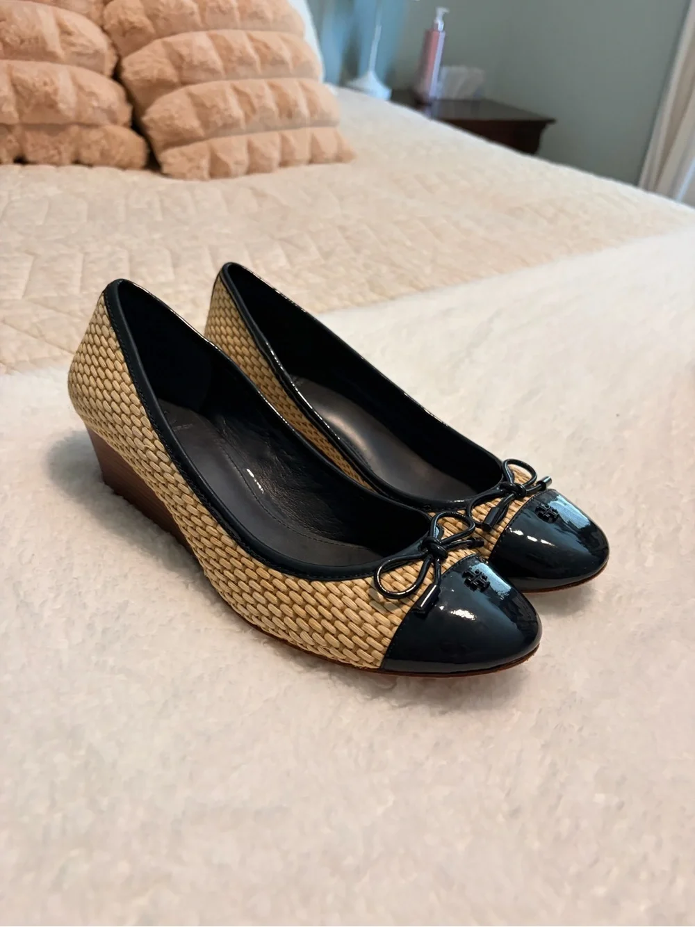 Tory Burch Navy and Natural Raffia Cap-Toe Ballet Flats